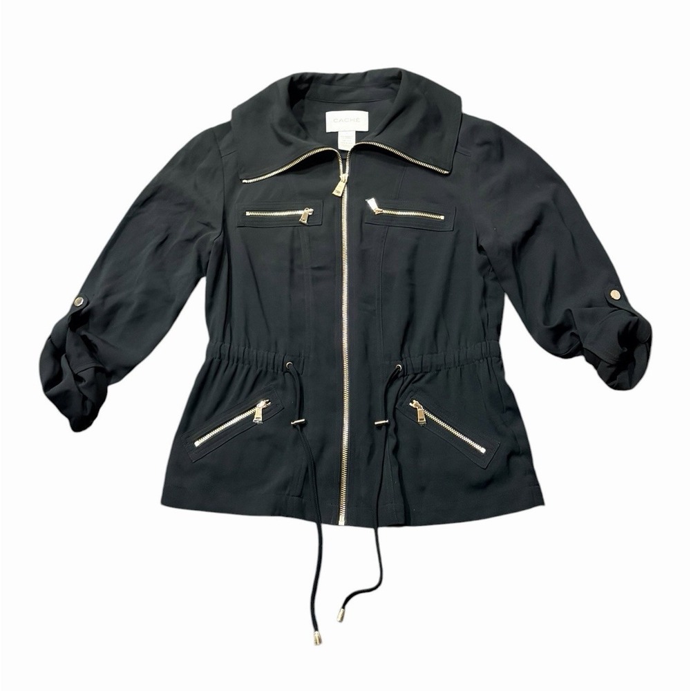Cache Black Utility Jacket Drawstring Waist Gold Zip 3/4 Sleeve Women's 0 Y2K